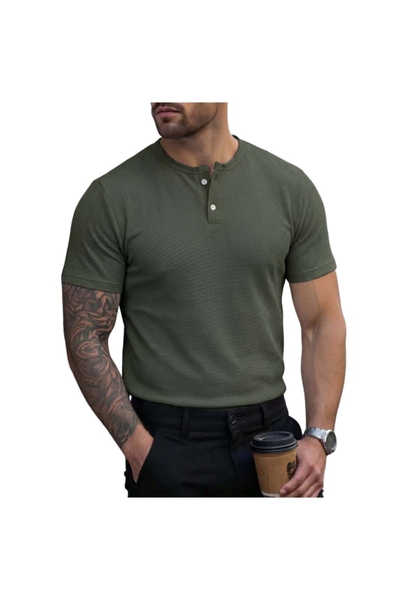Henley T-Shirts Mens 2-Button Crewneck Waffle Tops Summer Casual Basic Tee Short Sleeve Plain Tshirts (M, Army Green)