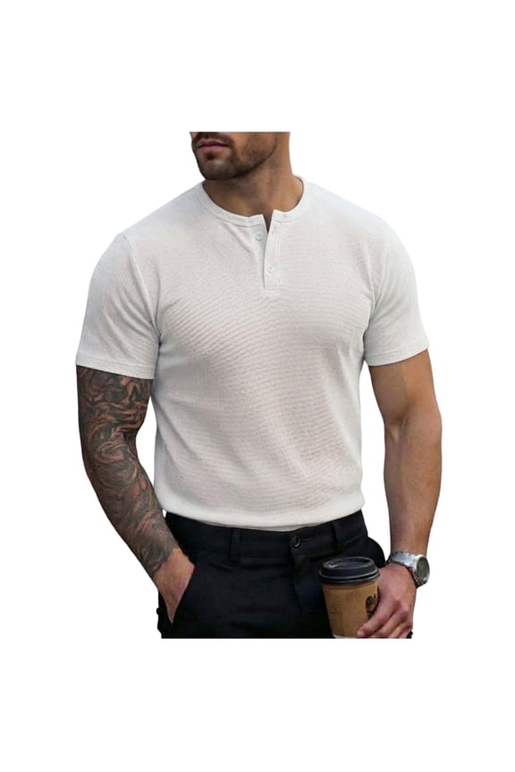 Henley T-Shirts Mens 2-Button Crewneck Waffle Tops Summer Casual Basic Tee Short Sleeve Plain Tshirts (S, White)