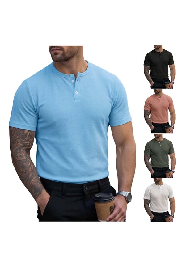 Henley T-Shirts Mens 2-Button Crewneck Waffle Tops Summer Casual Basic Tee Short Sleeve Plain Tshirts (XL, Sky Blue)