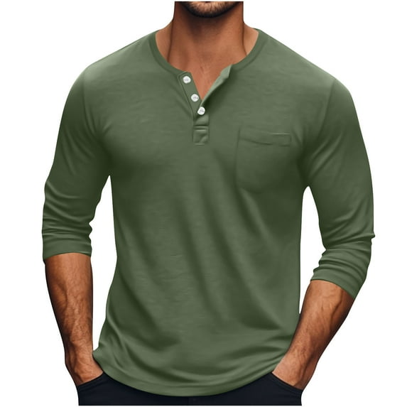 Henley T Shirts for Men Long Sleeve Solid Color Button Big and Tall Shirts Casual V Neck Sports Athletic Tee Tops with Pocket