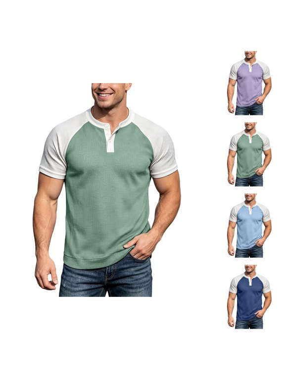 Henley T Shirts for Men Summer Raglan Short Sleeve Color Block Loose Casual Waffle T-Shirts