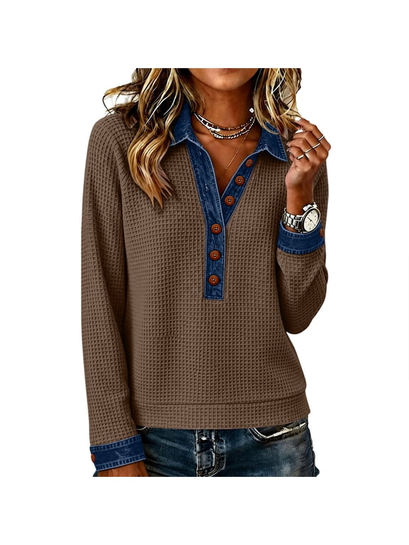 Henley Tops For Womens Waffle Knit Tops Denim Patchwork Long Sleeve Shirts Jean Collared Casual Fall Outfits
