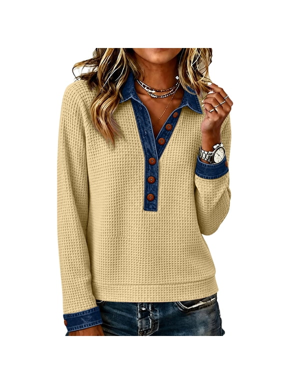 Henley Tops For Womens Waffle Knit Tops Denim Patchwork Long Sleeve Shirts Jean Collared Casual Fall Outfits