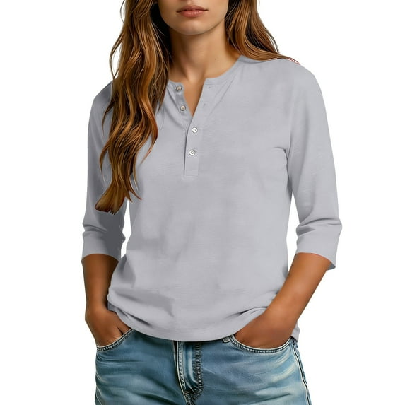 Henley Tops for Women, Yigetop Women's Solid Color 3/4 Sleeves Blouse Tops Henley V Neck Button Down Shirts Business Casual Outfit V Neck 3/4 Sleeve Tops for Women Grey M