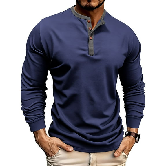 Henley Tops for Men Vintage Long Sleeve Cotton Tees No Collar Button Up Gym Workout Shirts