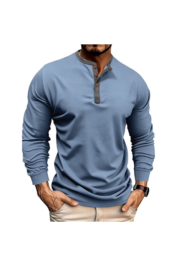 Henley Tops for Men Vintage Long Sleeve Cotton Tees No Collar Button Up Gym Workout Shirts
