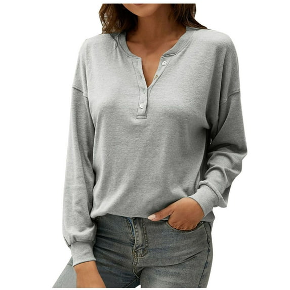 Henley Tops for Women Button V Neck Pullover Jumper Elegant Plain Long Sleeve T Shirt Solid Warm Autumn Winter Ladies Casual Sweatshirt