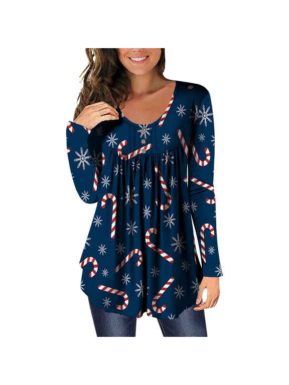 Henley Tunic Tops for Women Hide Belly Tunic Floral Print Blouse Front Pleated Shirts Long Sleeve Christmas Shirts Tops