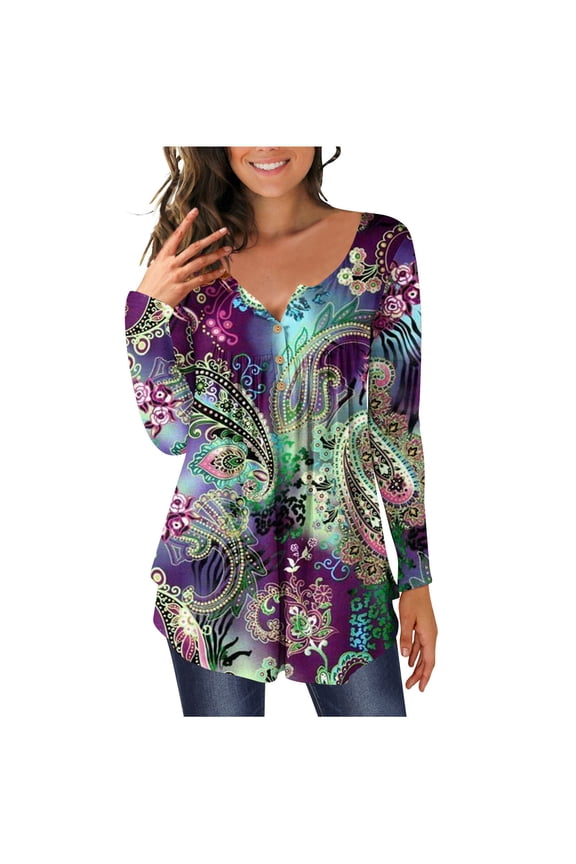 Henley Tunic Tops for Women Hide Belly Tunic Floral Print Blouse Front Pleated Shirts Long Sleeve Christmas Shirts Tops