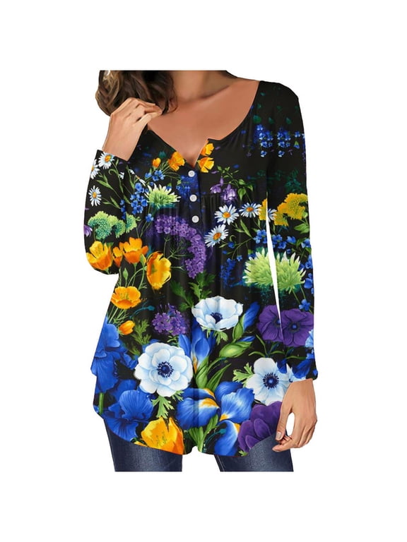 Henley Tunic Tops for Women Hide Belly Tunic Floral Print Blouse Front Pleated Shirts Long Sleeve Christmas Shirts Tops