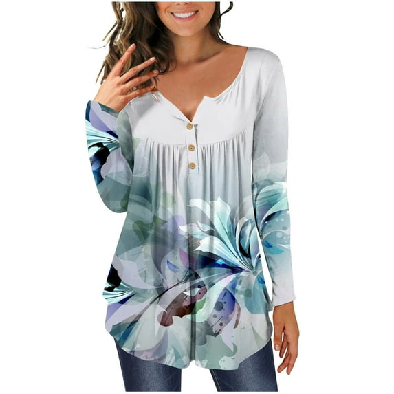 Henley Tunic Tops for Women Hide Belly Tunic Floral Print Blouse Front Pleated Shirts Long Sleeve Christmas Shirts Tops