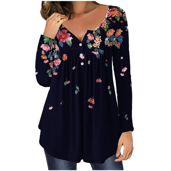 Henley Tunic Tops for Women Hide Belly Tunic Floral Print Blouse Front Pleated Shirts Long Sleeve Christmas Shirts Tops