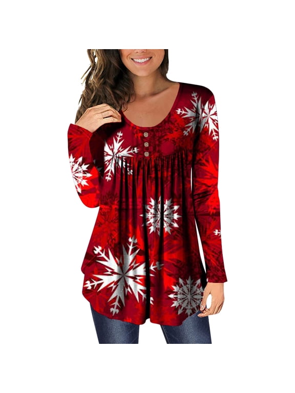 Henley Tunic Tops for Women Hide Belly Tunic Floral Print Blouse Front Pleated Shirts Long Sleeve Christmas Shirts Tops