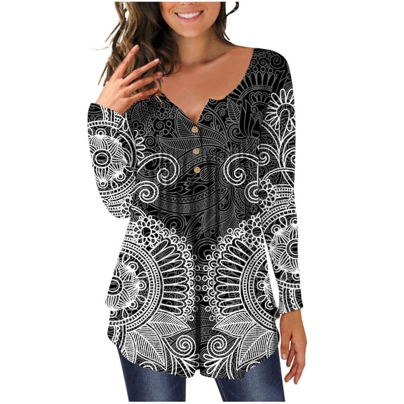 Henley Tunic Tops for Women Hide Belly Tunic Floral Print Blouse Front Pleated Shirts Long Sleeve Christmas Shirts Tops