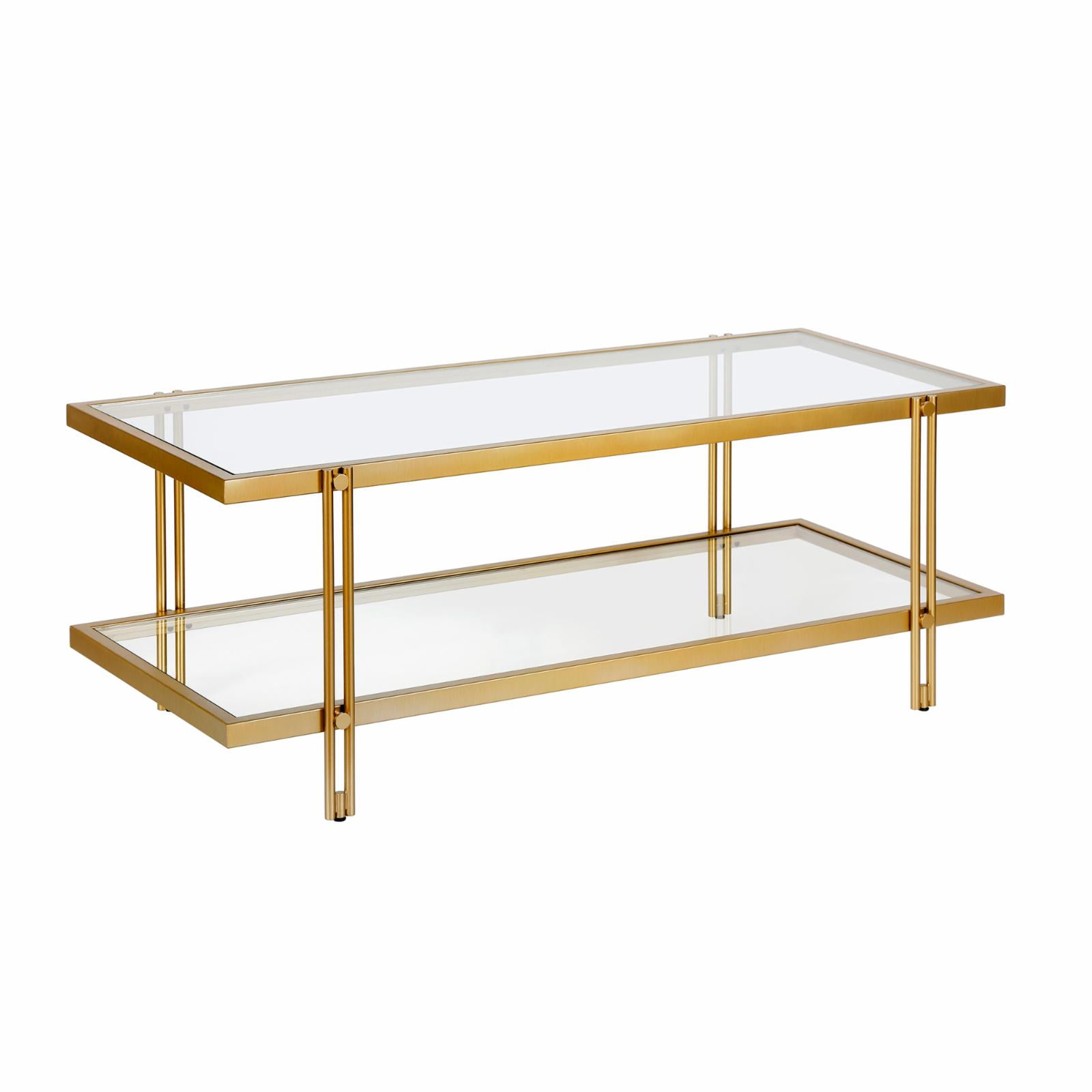 Modern Brass Finish Rectangular Coffee Table with Glass Storage Shelf
