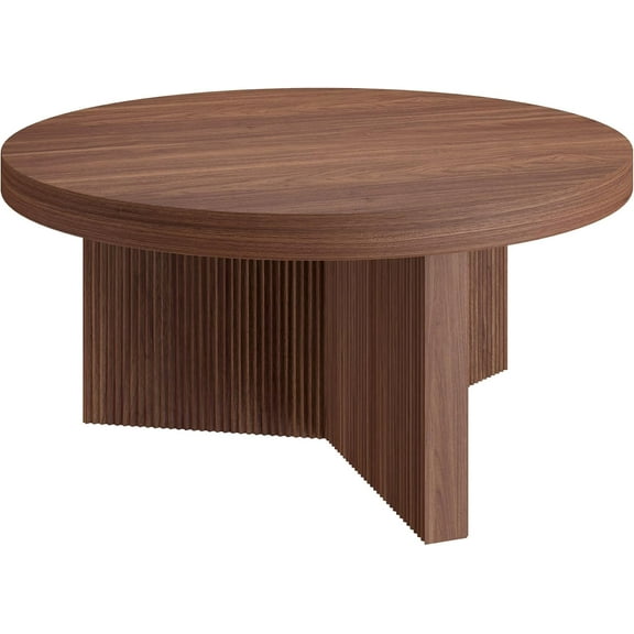 Henn&Hart 32" Fluted Round Low-Profile Coffee Table with Ribbed Pedestal Base Living Room, Family Room, Office, or Apartment, Satin Walnut