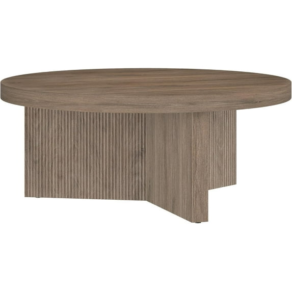 Henn&Hart 36" Fluted Round Low-Profile Coffee Table with Ribbed Pedestal Base for Living Room, Family Room, or Office, Antiqued Gray Oak