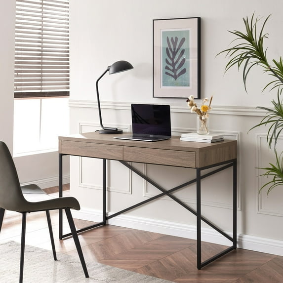 Henn&Hart 47" Antiqued Gray Oak Metal Home Office