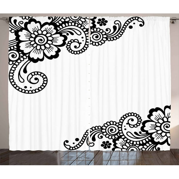 Ambesonne East Curtains 2 Panel Set, Floral Oriental Art Ornament, 108" x 90", White Black