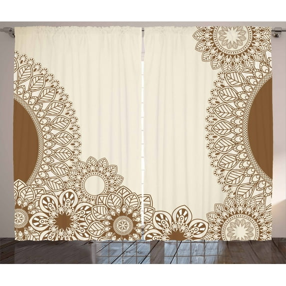 Ambesonne Vintage Curtains 2 Panel Set, Old Fashioned Mandala Art, 108" x 90", Caramel Tan