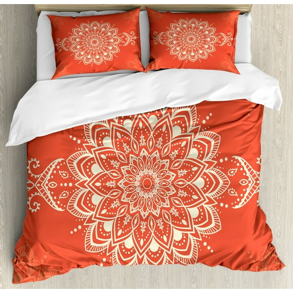 Henna Duvet Cover Set King Size, Ancient Kaleidoscopic Round Mandala Arabic Design Yoga Meditation Cosmos Symbol, Decorative 3 Piece Bedding Set with 2 Pillow Shams, Orange Ivory, by Ambesonne