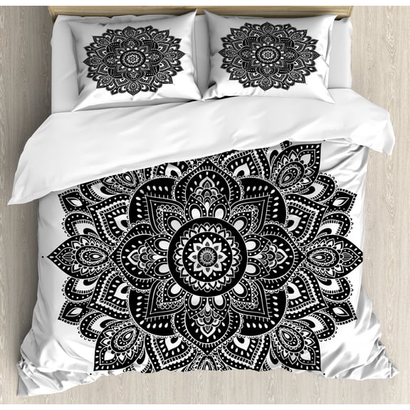 Henna Duvet Cover Set King Size, Ethnic Floral Ornament with Far Eastern Art Motifs Ancient Cultures Vintage Style, Decorative 3 Piece Bedding Set with 2 Pillow Shams, Black White, by Ambesonne