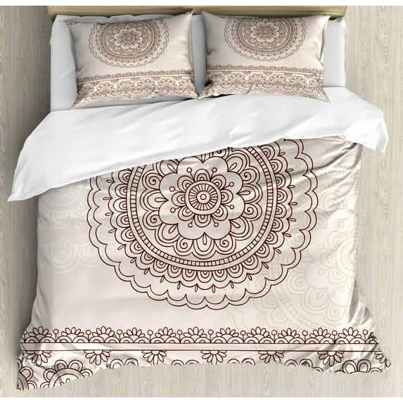 Henna Duvet Cover Set King Size, Floral Tattoo Design Inspirations from Asian Civilizations Doodle Style Soft Colored, Decorative 3 Piece Bedding Set with 2 Pillow Shams, Brown Cream, by Ambesonne