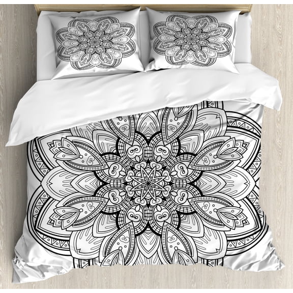 Henna Duvet Cover Set King Size, Mandala Design in Black and White Ethnic Inspirations Doodle Amulet Style Monochrome, Decorative 3 Piece Bedding Set with 2 Pillow Shams, Black White, by Ambesonne