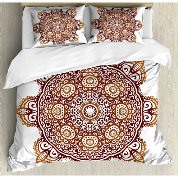 Henna Duvet Cover Set, Ornamental Abstract Doodle Style Folkloric Spiritual Symbol Flower Round Mandala, Decorative Bedding Set with Pillow Shams, Brown Orange, by Ambesonne