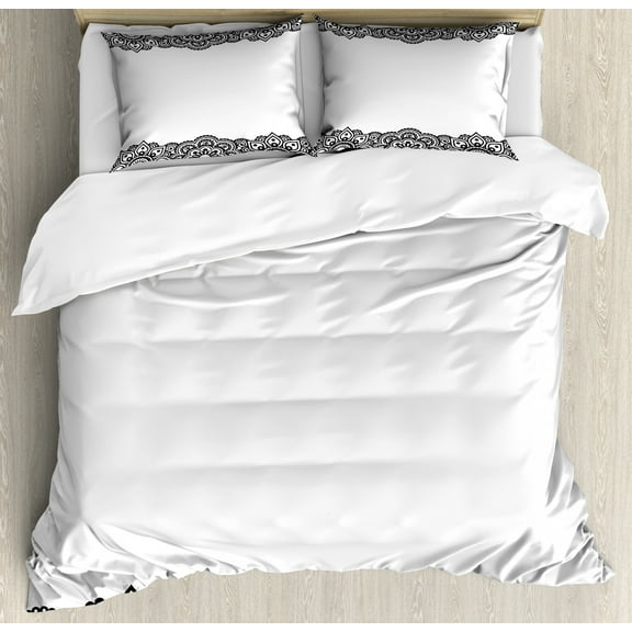 Henna Duvet Cover Set Queen Size, Damask Inspired Border Design Folkloric Mehendi Curls Flowers Retro Style Cultural, Decorative 3 Piece Bedding Set with 2 Pillow Shams, Black White, by Ambesonne