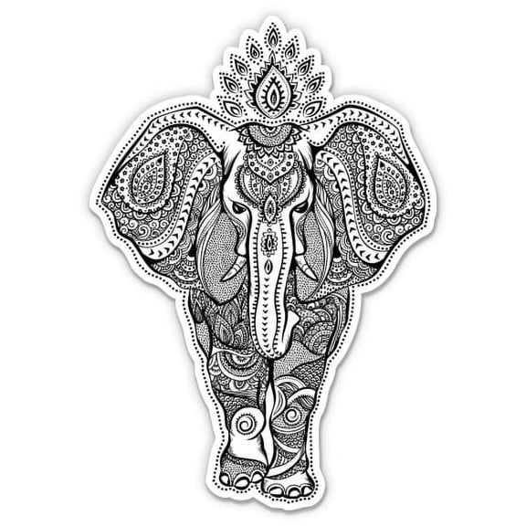 Henna Elephant Black and White Pretty Indian - 12" Vinyl Sticker Waterproof Decal