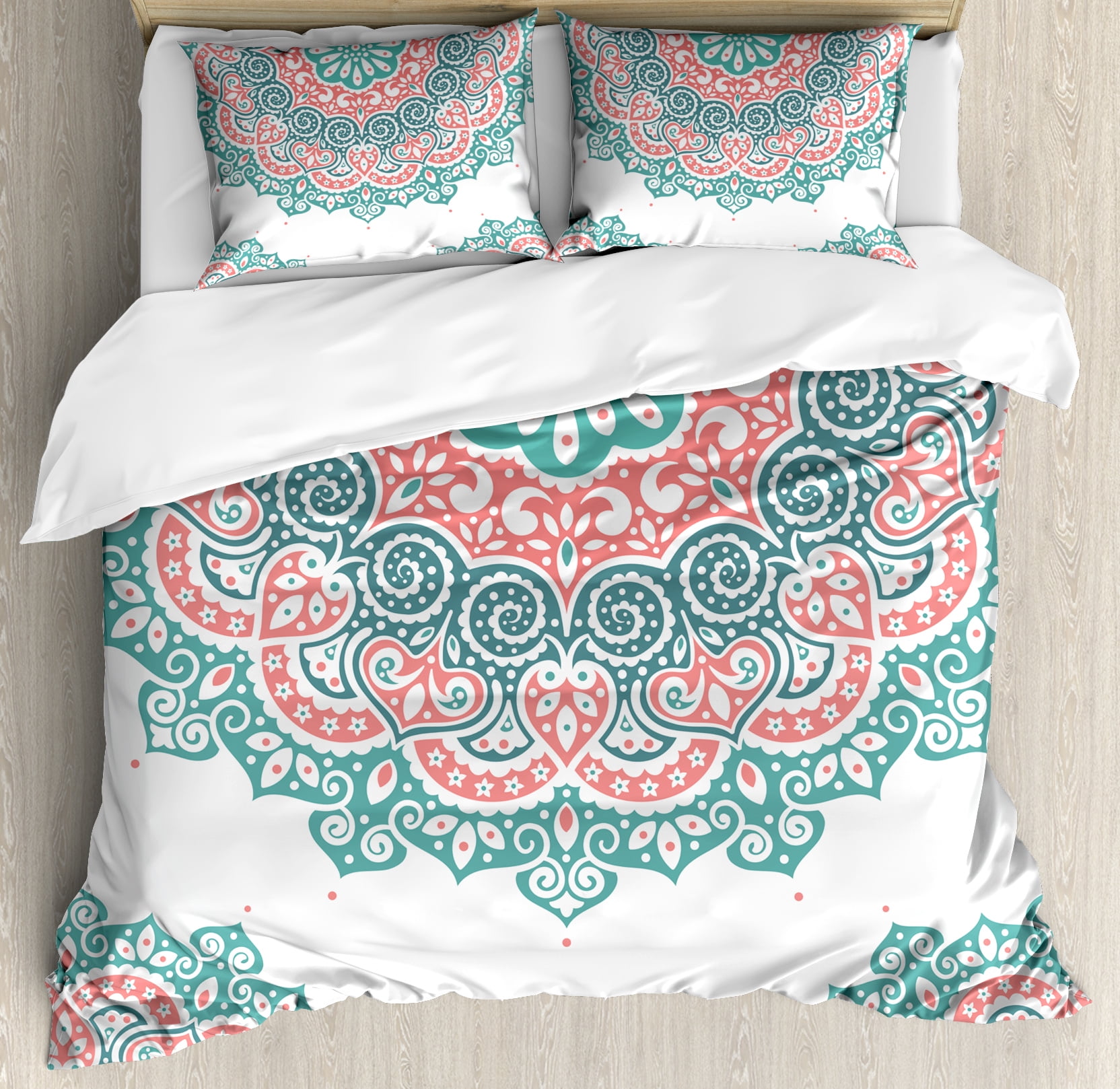 Henna King Size Turquoise Coral Teal Mandala Duvet Cover Set