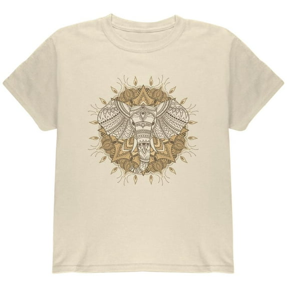 Henna Mandala Elephant Youth T Shirt Natural YXL