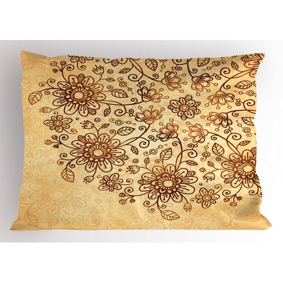 Henna Pillow Sham Doodle Flower Arrangement Traditional Nature Inspired Illustration Soft Colors, Decorative Standard King Size Printed Pillowcase, 36 X 20 Inches, Brown Pale Orange, by Ambesonne