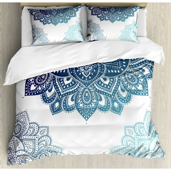 Henna Queen Size Duvet Cover Set, South Asian Mandala Design with Vibrant Color Ornamental Ethnic Illustration, Decorative 3 Piece Bedding Set with 2 Pillow Shams, Dark Blue Pale Blue, by Ambesonne