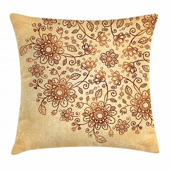 Henna Throw Pillow Cushion Cover, Doodle Flower Arrangement Traditional Nature Inspired Illustration Soft Colors, Decorative Square Accent Pillow Case, 20 X 20 Inches, Brown Pale Orange, by Ambesonne