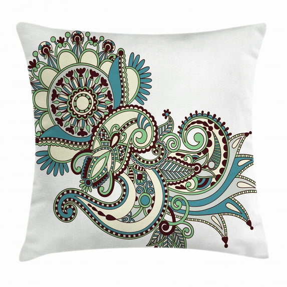 Henna Throw Pillow Cushion Cover, Hand Drawn Traditional Flower Arrangement Ornate Design Vibrant Colors, Decorative Square Accent Pillow Case, 16 X 16 Inches, Dark Brown Blue Green, by Ambesonne