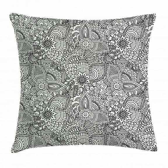 Henna Throw Pillow Cushion Cover, Monochrome Design Ethnic Cultural Pattern Intricate Mehendi Swirls Asian Leaves, Decorative Square Accent Pillow Case, 20 X 20 Inches, Black White, by Ambesonne