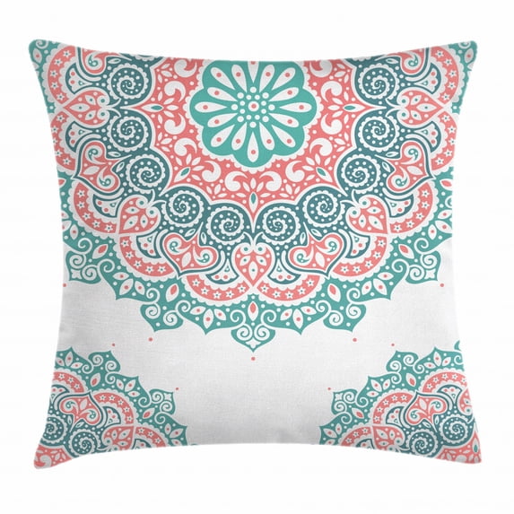 Henna Throw Pillow Cushion Cover, Soft Colored Mandala South Asian Culture Inspired Ethnic Style Floral Image, Decorative Square Accent Pillow Case, 16 X 16 Inches, Turquoise Coral Teal, by Ambesonne