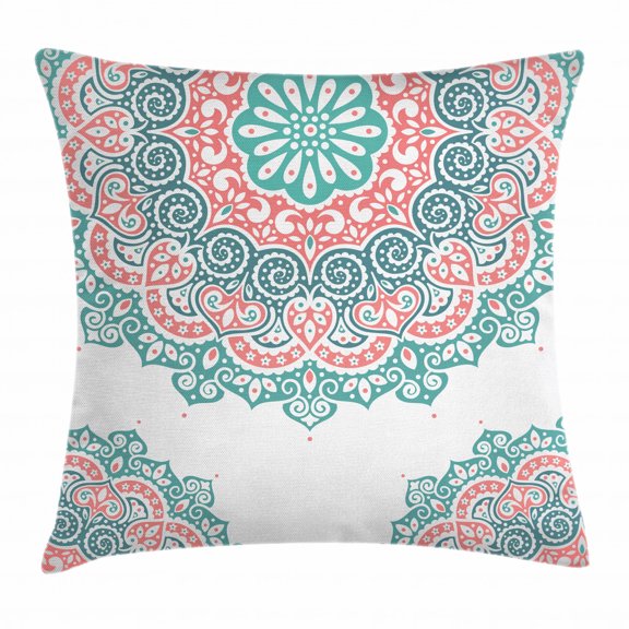 Henna Throw Pillow Cushion Cover, Soft Colored Mandala South Asian Culture Inspired Ethnic Style Floral Image, Decorative Square Accent Pillow Case, 20 X 20 Inches, Turquoise Coral Teal, by Ambesonne