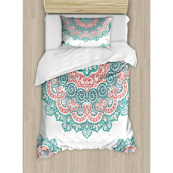 Henna Twin Size Duvet Cover Set, Soft Colored Mandala South Asian Culture Inspired Ethnic Style Floral Image, Decorative 2 Piece Bedding Set with 1 Pillow Sham, Turquoise Coral Teal, by Ambesonne