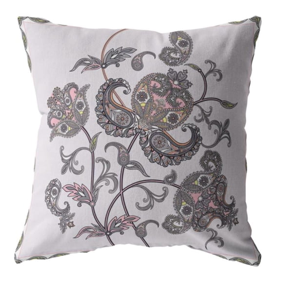 Henna Wildflower Throw Pillow with Removable Cover in Gray on White 16x16