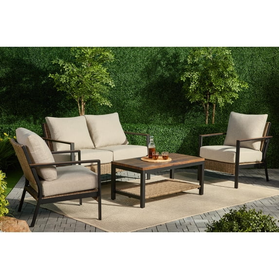 AE Outdoor Hennepin Patio Furniture 4 Piece Conversation Set Steel with Beige Cushions, Toolless Easy Assembly