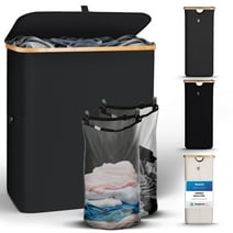 Hennez® Double Laundry Hamper with Lid, 2x Removable Bags, Thic Fabric, Bamboo Hamper 36 gal - Dark Gray