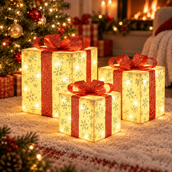 Christmas Lighted Gift Boxes Set of 3 - 50 LED Light Up Holiday Decor with Warm White Lights, Battery Operated Gift Boxes for Indoor Outdoor Xmas Tree Porch Decor