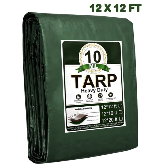 Henotian Heavy Duty Tarp 12x12 ft, 100% Waterproof 10mil with Reinforced Edges Grommets, UV,Tear Resistant Cover for Home,Boats,Cars,Camping,Protective Cover