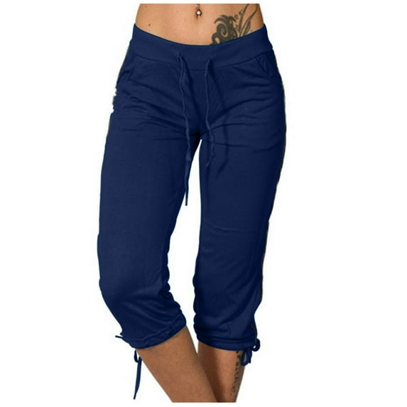 Henpk Capri Pants For Women Capri Leggings For Women Plus Size Summer High Waisted Solid Color Capris Matching Slim Fitting Yoga Gym Pants Blue XXL