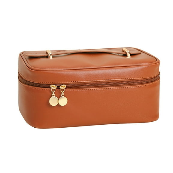 Henpk Clearance Under 5 Other Large Capacity Travel Cosmetic Bag,Travel Makeup Bag Leather With Brushes Slots Divider Flat Lay Cosmetic Bag Portable Makeup Organizer