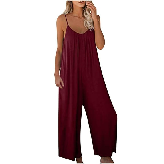 Henpk Jumpsuits For Women Dressy Plus Size Clearance Summer Womens Jumpsuits And Rompers Women Summer European And American Sling Solid Pocket Casual Jumpsuit Red XXL