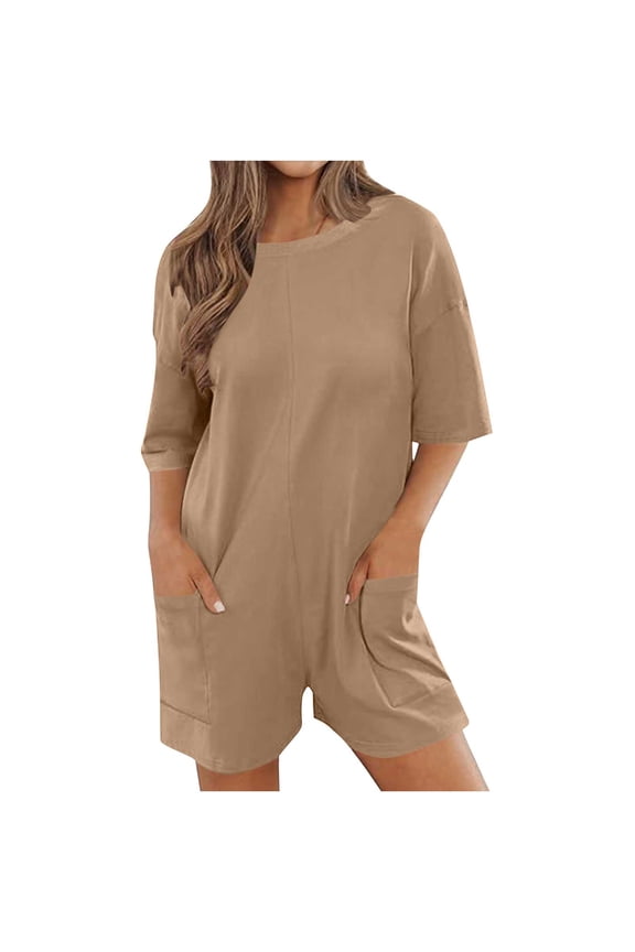 Jumpsuits For Women Dressy Plus Size Clearance Summer Womens Jumpsuits And Rompers Women'S Oversized Athletic Tee Romper Back V Neck Half Short Sleeve Wearing Both Front And Back Worko Khaki XL